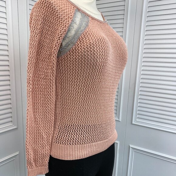 Jennifer Lopez Sz. M Sweater peach-pink metallic Silver Tread Knit Lightweight - Picture 1 of 9